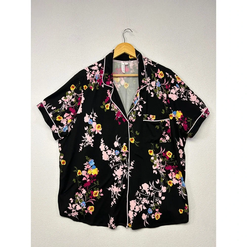 Floral Garden Joyspun Womens 3X Black Pink Short Sleeve Pajama Pant Set